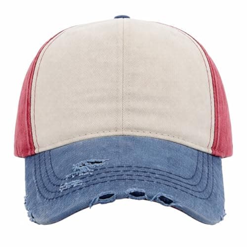 Image of MFAZ Morefaz Ltd Vintage Cotton 5-Panel Baseball Cap Trendy Distressed Look with Strapback Adjustment – Comfortable Everyday Hat (Red-Nave)