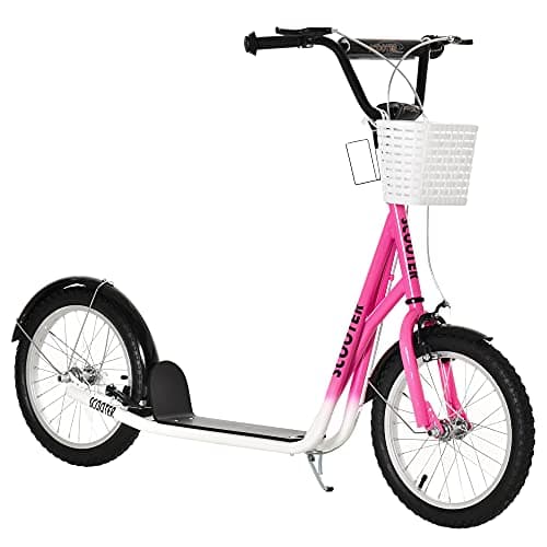 Image of HOMCOM Kids Scooter, Kick Stunt Scooter with Adjustable Handlebar, Dual Brakes, Basket, Cupholder, Mudguard, 16" Inflatable Rubber Wheels, for 5-12 years, Pink