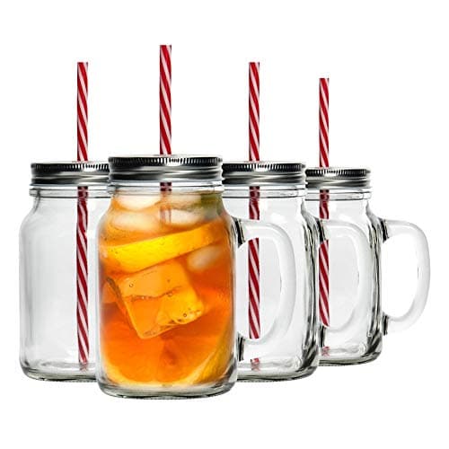 Image of Rink Drink Drinking Mason Jars with Lids and Reusable Straw - Pack of 4-620ml Glass Drinking Jar Mugs with Handles and Screw Top for Overnight Oats, Smoothies, Cocktails, Drinks