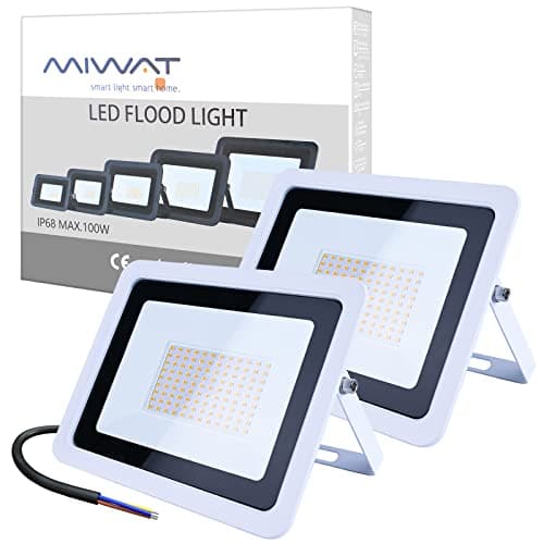 Image of Ubanner 2 Pack 100W 220V LED Flood Light, Warm White, IP68 Waterproof Super Bright Security Lights, Outdoor Floodlight for Yard, Garden, Playground, Basketball Court