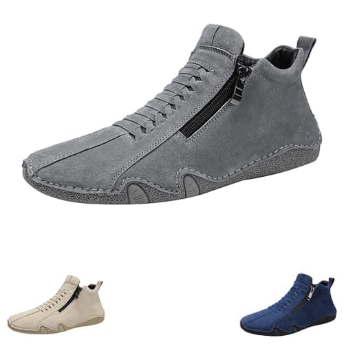Image of Mens Leather Boots Side Zip Mens Leather High Top Shoes Hightop Skateboarding Shoes Slip On Walking Boots Soft Cushion Athletic Trainers Lightweight Badminton Shoes Fashion Stitching Sneakers Blue