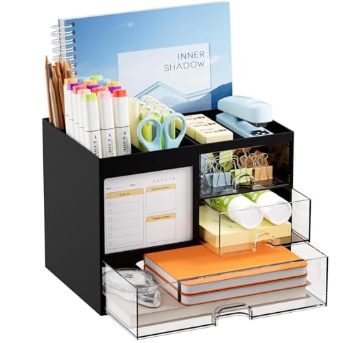 Image of Marbrasse Desk Organiser with 3 Drawers,Large Capacity Pencil Holder,Memo Board Stationary Organiser with 4 Compartments and Accessories,Desk Tidy for Office,Home and School (Black)