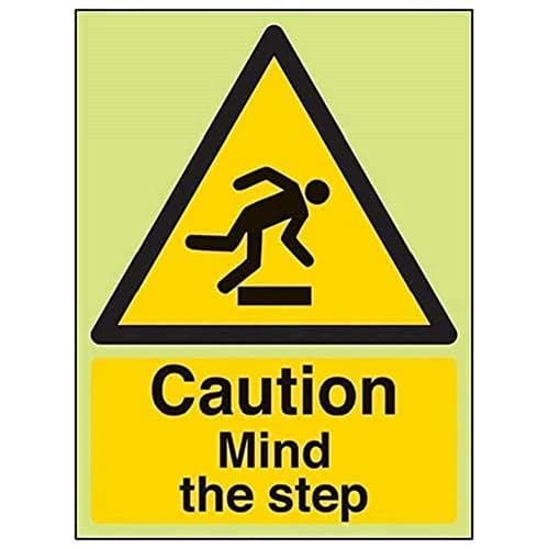 Image of V Safety Glow In The Dark Caution Mind The Step Warning Sign - 150mm x 200mm - Rigid Plastic