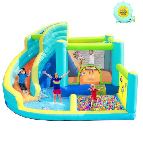 Image of Inflatable Bouncy Castle Water Park with Slide Sprayer Trampoline Climbing Wall & Basketball Hoop, Includes Air Blower, Outdoor Indoor Bounce House for Kids Toddlers, Holds Up to 5 Children