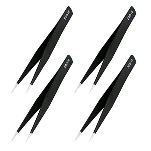 Image of Aoje-Link ESD-16 Professional Anti-Static Precision Technology Tweezers, Non-Magnetic Straight Pointed Tip, Stainless Steel Plastic Coated, Full Length 125mm, Black, 4pcs