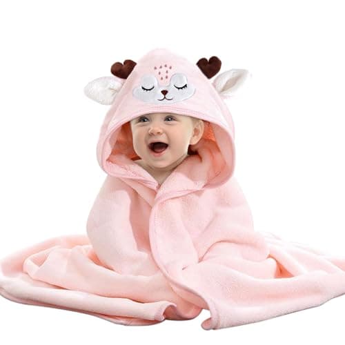 Image of Asnewkit Hooded Baby Towel, Baby Bath Towels with Hood,Unique Animal Design Baby Towel with Hood Soft Absorbent Baby Bath Towels, for Newborn Baby Boy and Girl (Pink Fawn), 80cm x 80cm