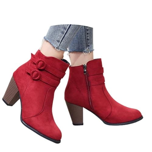 Image of Generisch Women Mid Calf Boots Fashion Suede Chunky Heel Slip On Casual Comfortable Sole Retro Casual Dating Outfits, red, 10 UK