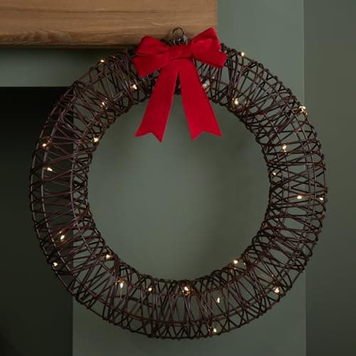 Image of 50cm Battery Operated Light up Christmas Wreath with Red Bow & 40 Warm White LEDs