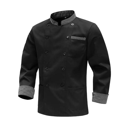 Image of MeiLayM Chef Jacket for Men Long Sleeve Chef Jacket Mens Professional Chef Uniform Restaurant Work Uniform with Buttons Hotel Kitchen Workwear Black,XS
