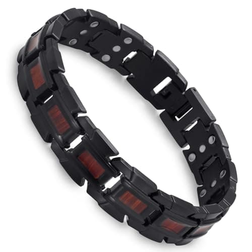 Image of RainSo Men's Wooden Bracelet - Black Red Metal and Wooden Design | Stainless Steel Magnetic Bracelet For Men | Fashion Jewellery With Adjustable Sizing Tool & Luxury Gift Box Presentation