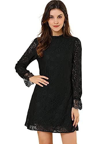 Image of Allegra K Women's Ruffle Crew Neck Formal Elegant Mini Floral Lace Dress, Black, M