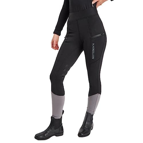 Image of Women's Riding Tights Horse Riding Leggings Two Tone Ladies Girls Riding Tight Silicone Knee Patch With Phone Zip Pockets Jodhpurs (as8, waist, numeric_32, regular, regular, Black/Grey, Skinny)