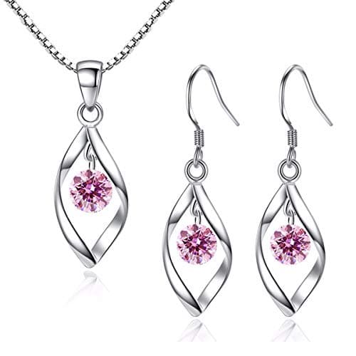 Image of Zolkamery Silver Jewellery Set for Women, 925 Sterling Silver Women's Jewellery Sets with Pink Zirconia, Fashion Twist Pendant Necklace & Hook Dangle Earrings Set, Gift for Wife on Valentine’s day