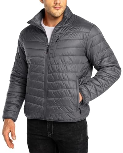 Image of 33,000ft Mens Winter Lightweight Jacket Warm Short Packable Puffer Jacket Transitional Padded Jacket Quilted Jacket for Men Lined for Hiking Travelling Grey M