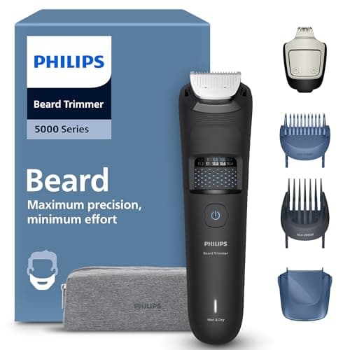 Image of Philips Beard Trimmer 5000 Series - Self-Sharpening Metal Blades, 40 Lock-in Settings, BeardSense Technology, Hair Collector, 100% Waterproof, Travel Pouch, Model BT5765/15