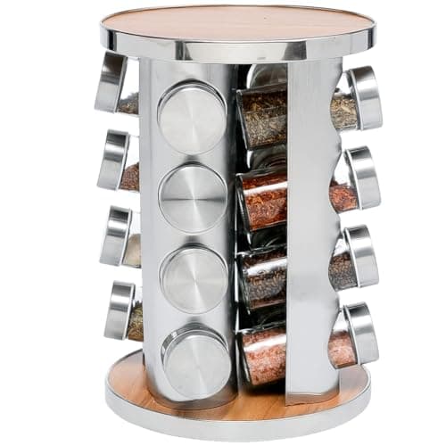 Image of Rotating Spice Rack with 16 Glass Jars – Stainless Steel & Wood Carousel Organizer for Kitchen Counter, Pantry, Herbs & Seasonings