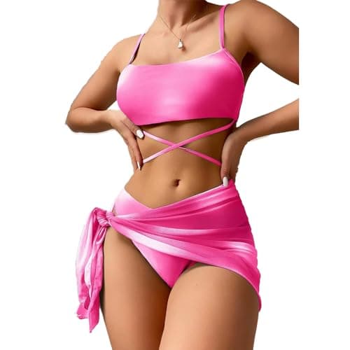 Image of fdsmall Women's Bikini Set Low Waist String Triangle Bikini with Skirt 3 Piece Bikini Swimsuit Tie Dye High-Cut Swimwear Swimming Trunks Orange (UK, Alpha, L, Regular, Regular, Pink)