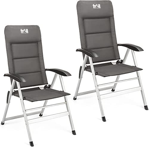 Image of Trail Reclining Camping Chair Folding Aluminium Recliner Sponge Padded (2 x Black & Grey Chairs)