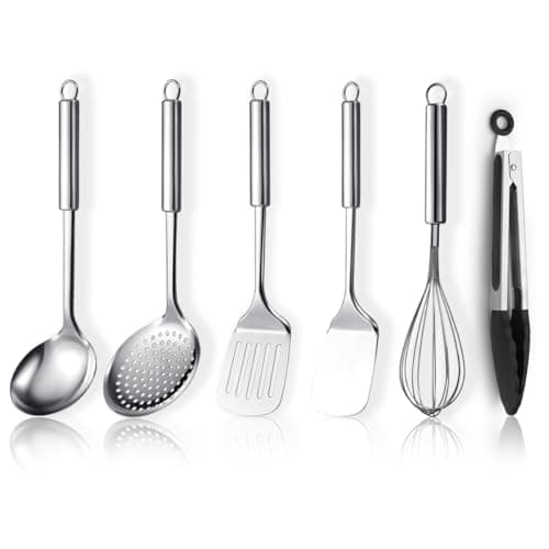 Image of ReaNea Stainless Steel Cooking Utensils Set 6 Pieces, Kitchen Tools Set Include Metal Spatula Set, Skimmer, Ladle, Tong, Whisk, Kitchen Gadgets Essentials New Home Must Have