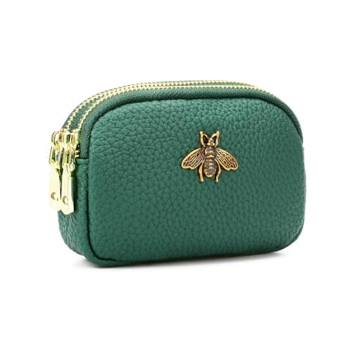 Image of QIUTIMIY Women Artificial Artificial Leather Small Purse Pouch Cash Mini Coin Wallet Double Zipper Pocket with Keychain(Green)