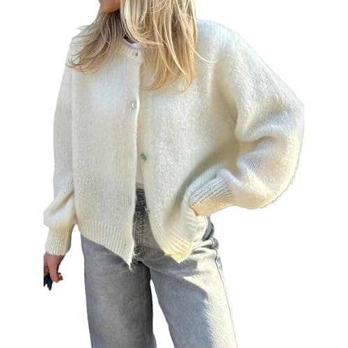 Image of Geagodelia Women's Cropped Cardigan Long Sleeve Sweater Jumper Ladies Knitted Jacket Y2K Fashion Button Down Crochet Top Streetwear Autumn Spring (White, M)