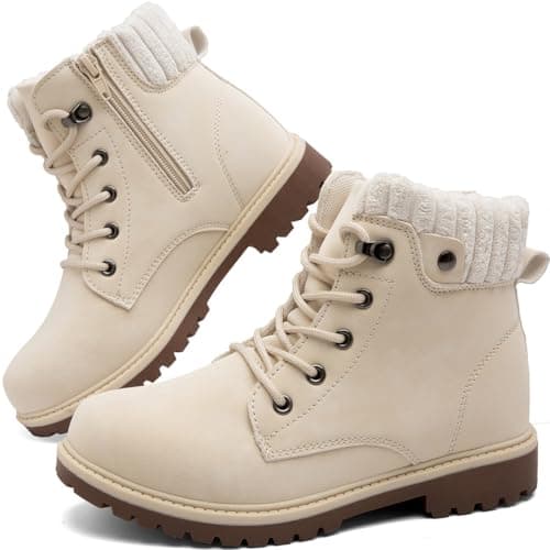 Image of situkeke Boys Girls Ankle Boots Walking Hiking Boots Side Zipper Lace Up Kids Ankle Booties Waterproof Kids Trainers High Top Outdoor Footwear,Beige,EU38