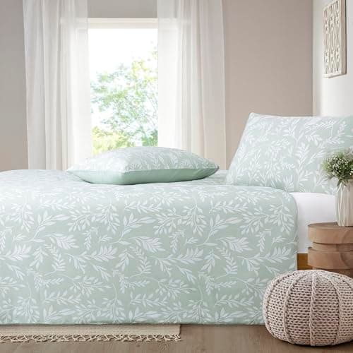 Image of Chlophy Sage Green Duvet Set King Leaf Duvet Cover Summer Textured Leaves Fresh Duck Egg Green Leafy Pattern Branches Luxury Jacquard 2 layers Gauze Muslin Faux Bedding Set 230x220
