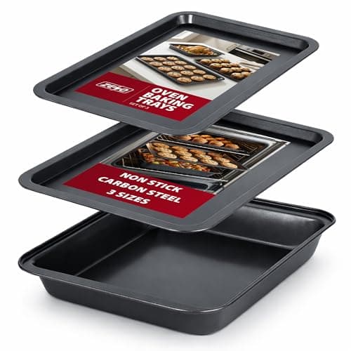 Image of ZENO Baking Trays for Oven Non Stick - 3 Set | Baking Trays for Oven | Cooking Tray for Ovens | Durable Carbon Steel Pan | Non-Stick Coating | Cooking and Roasting | Dishwasher Safe