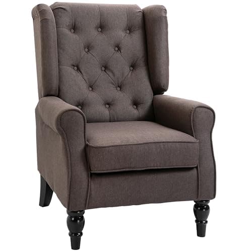 Image of HOMCOM Wingback Accent Chair, Snow Flannel Armchair with Thick Spring Cushion, High Back, Solid Wood Legs, Retro Button Tufted Reading Chair for Living Room, Bedroom, Brown