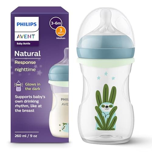 Image of Philips Avent Natural Response Nighttime Baby Bottle - 9 oz/260 ml, with Medium Flow Teat (Flow 3), with Glow-in-the-Dark Ring Accessory, Sleepy Sloth Design, SCY903/81