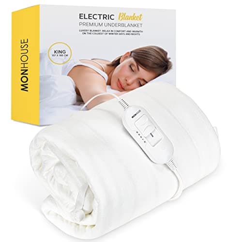 Image of MONHOUSE Premium Soft Fleece Electric Blanket - Heated Under Blanket - Heated Mattress Cover - Detachable Controller & Machine Washable - 3 Heat Settings - King Size 137x165cm - White