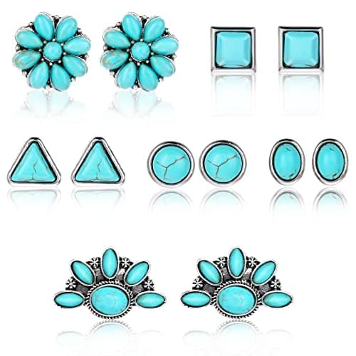 Image of Teaaha 6Pairs Turquoise Earrings For Women Turquoise Earrings For Sensitive Ears Western Stud Earrings Small Geometric Oval Round Flower Earrings Gemstone Cut Shape Square Studs Turquoise Jewelry