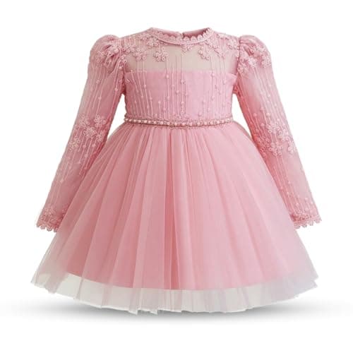 Image of NNJXD Baby Girl Flower Embroidery Fall Long Sleeve Dress Toddler Birthday Party Princess Tulle Dresses 2194 Pink 12-18 Months