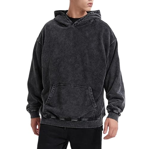 Image of Qiqilyly Oversized Basic Hoodie Men's Vintage Acid Wash Solid Pullover Cotton Streetwear Hoodie with Hood, black, XXL