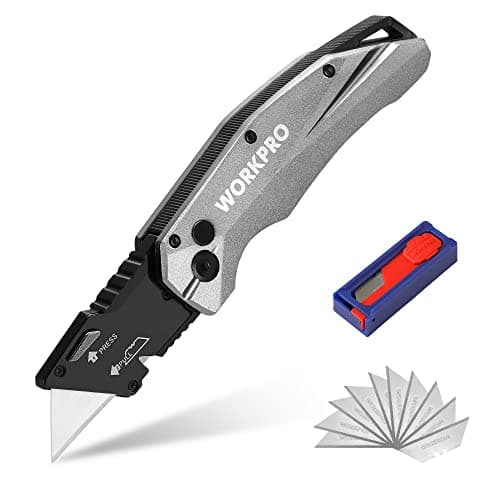 Image of WORKPRO Heavy Duty Folding Utility Knife, Metal Box Cutter with Quick-Change Blade, Axis Lock for Fast Opening and Secure Locking, Includes 10 Blades