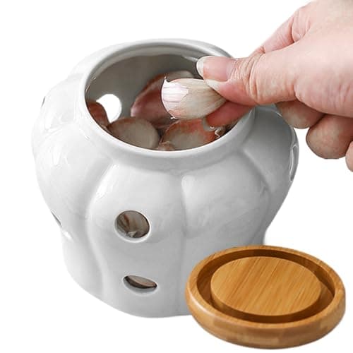 Image of Hperu Garlic Keeper Garlic Pot 4x4In Vented Freshness Ceramic Kitchen Garlic Keeper Large Opening with Lid Countertop Non-Slip Hollow Stylish Garlic Storage for Onions, Ginger (White),Garlic Pot