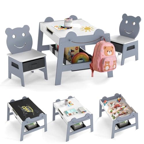 Image of COSTWAY Kids Table and Chairs, Multifunctional Activity Desk with Chalkboard & Whiteboard, 4 Hooks, Large Storage Space, Toddler Art Table Chair Set for 3-10 Years Old (Grey, 70 x 60.5 x 50 cm)