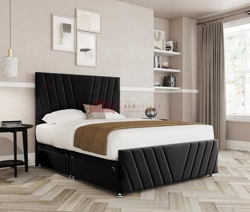 Image of THE BED VILLAGE YORKSHIRE Beverley with Footboard Super King (6ft) Divan Bed with Mattress, Headboard & 2 Drawers Same Side | Black Plush Fabric | Premium British Timber | Sustainable & Handcrafted