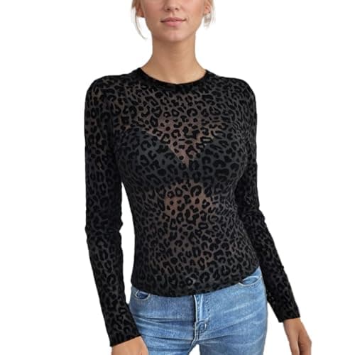 Image of EMOTTOS Women Leopard Print Flocked Tops, Sexy Mock Neck Crop Top with Animal Print Shirt, Ladies Y2K Slim Fit Tops Going Out Clubbing Party for Ladies, Black, S