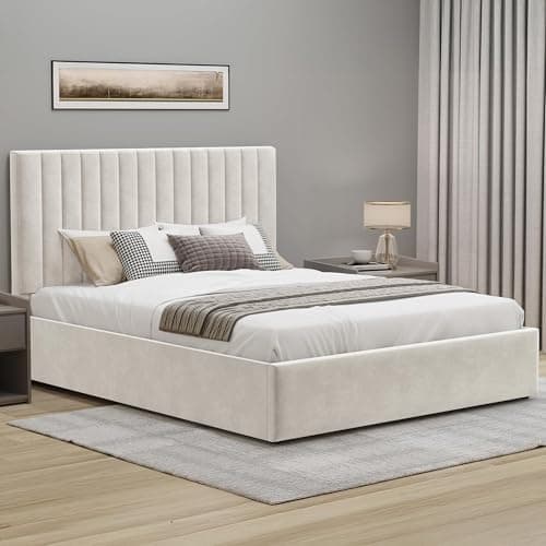 Image of Blisswood Upholstered Ottoman Double Bed Frame 4ft6, Velvet Fabric Bed Frame With Storage, Ottoman Storage Bed With Gas Lift End Opening Wooden Slats, (4ft6 Beige, No Mattress Included)