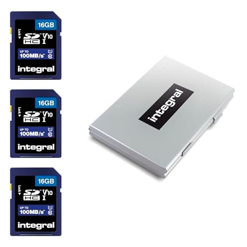 Image of Integral 16GB SD 3 Pack card in a 6-slot protective metal card holder case High Speed memory SDHC up to 100MB/s V10 UHS U1