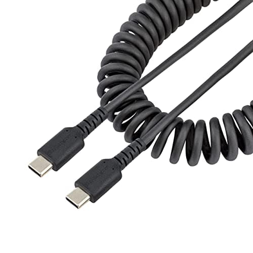 Image of StarTech.com 3ft (1m) USB C Charging Cable, Coiled Heavy Duty Fast Charge & Sync USB-C Cable, USB 2.0 Type-C Cable, Rugged Aramid Fiber, Durable Male to Male USB Cable, Black (R2CCC-1M-USB-CABLE)