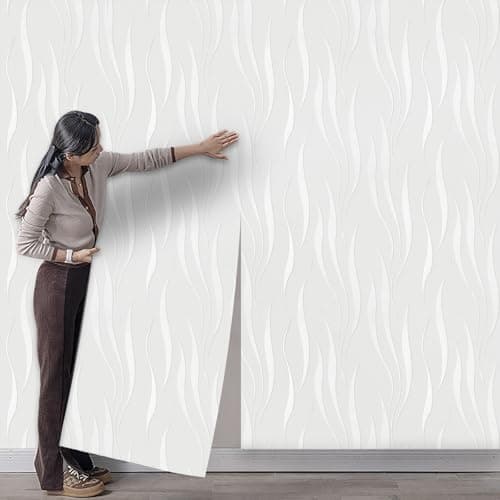 Image of Takezuaa White 3D Embossed Wallpaper Non-Woven Wave Stripes Roll Silver Glitter Textured Wall Paper for Livingroom Bedroom Hallway Kitchen Front Room