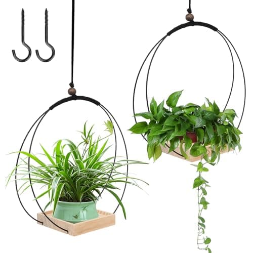 Image of Les-Theresa 2Pcs Hanging Plant Pots Indoor Ceiling Hanging Plant Holder with Wood Base, Plant Hanger Window with 2 Hooks Plant Pot Hangers, Hanging Basket Indoor Outdoor Home Decor (Black&wooden)