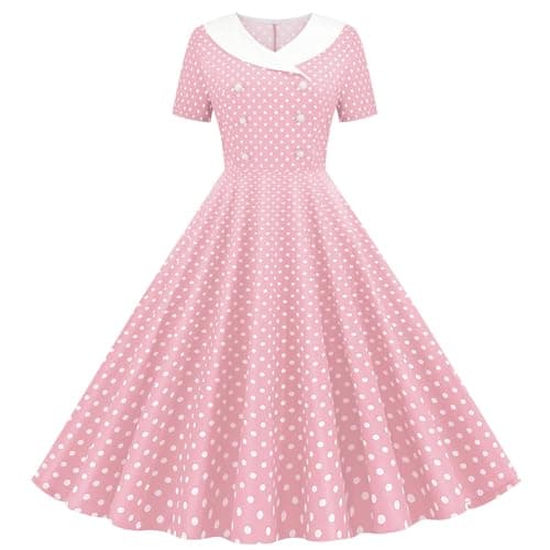 Image of midi Dresses for Women UK Polka Dot Dress Vintage Floral Swing Skater Party Evening Dress 1950s Audrey Hepburn Retro Dresses Going Out Wedding Guest Light Pink
