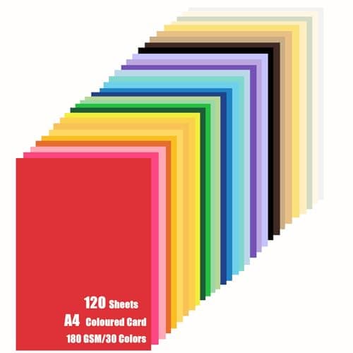 Image of 120 Sheets Coloured Card A4 210 x 297mm - 30 Assorted Colours Cardstock Paper for Scrapbook DIY Crafting and Decorating, 180 GSM