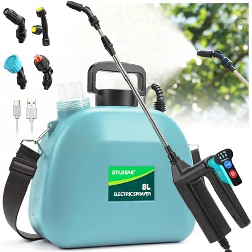 Image of SYLSTAR Battery Powered Garden Sprayer 8L, Upgrade Electric Weed Sprayer with 3 Mist Nozzles, USB Rechargeable Handle, Retractable Wand and Adjustable Shoulder Strap, Water Spray for Lawn (Blue)