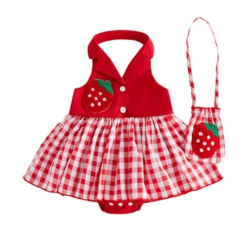 Image of JCOPLY Cute Newborn Summer Outfit Baby Girl Halter Romper Dress Strawberry Applique Sleeveless Lapel Bodysuits Plaid Skirt Hem with Mini Crossbody Bag (Red, 12-18 Months)