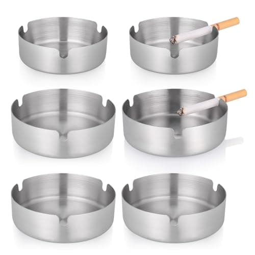 Image of Huiguli 6 Pcs Cigarette Ashtray, Round Stainless Steel Ash Trays, Metal Ashtrays for Cigarettes, Portable Cigarette Cigar Ashtray Set for Indoor, Outdoors, Home, Office