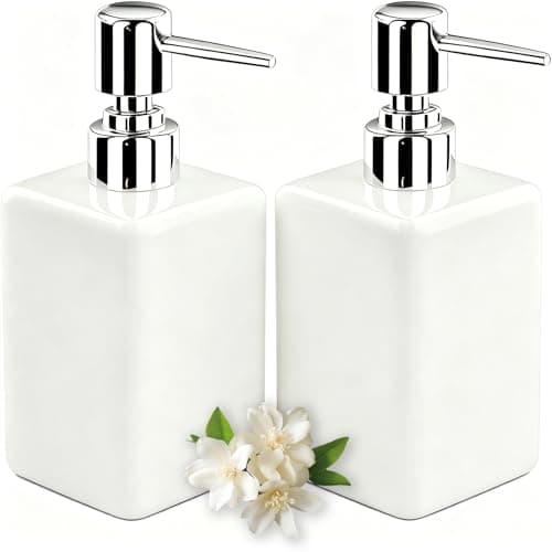 Image of 2PSC White Ceramic Soap Dispenser - 320ml/11oz Square Design with Long Spout & Rustproof Pump, Refillable for Shampoo/Liquid Soap, Bathroom & Kitchen Essential